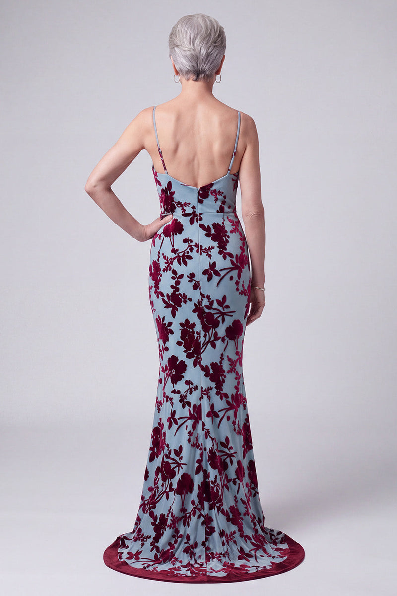 Load image into Gallery viewer, Floral Lake Blue Velvet Mermaid Long Mother of the Bride Dress with Jacket
