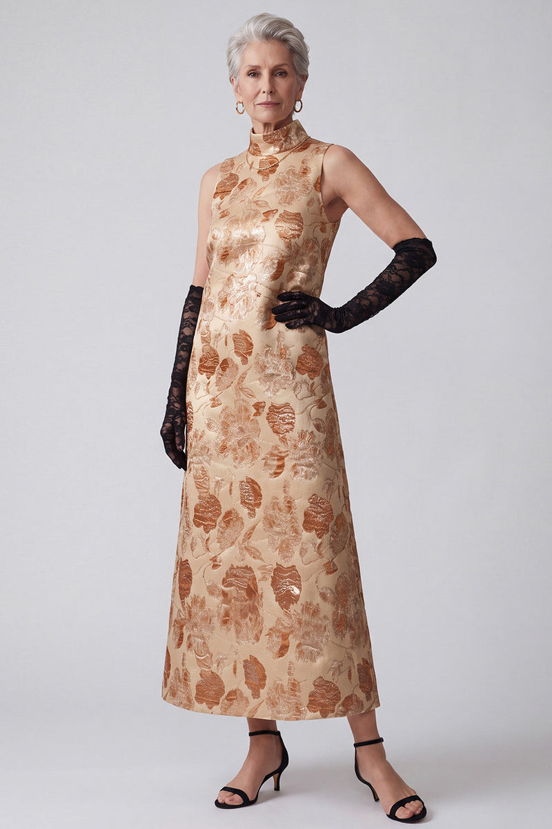 Load image into Gallery viewer, Champagne A Line Floral Jacquard High Neck Long Mother of the Bride Dress