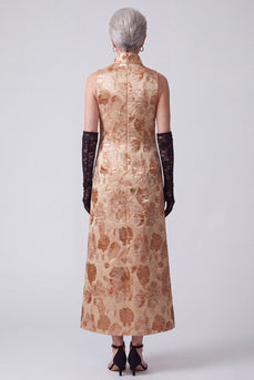 Champagne A Line Floral Jacquard High Neck Long Mother of the Bride Dress