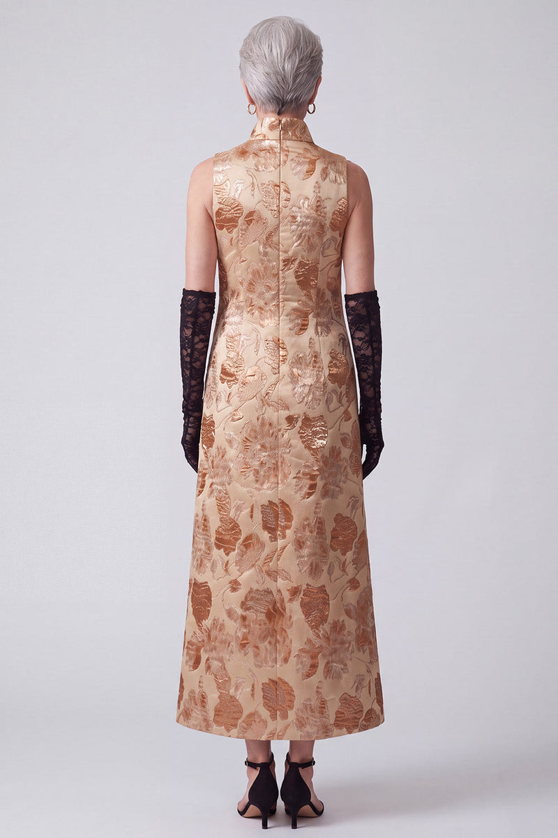Load image into Gallery viewer, Champagne A Line Floral Jacquard High Neck Long Mother of the Bride Dress