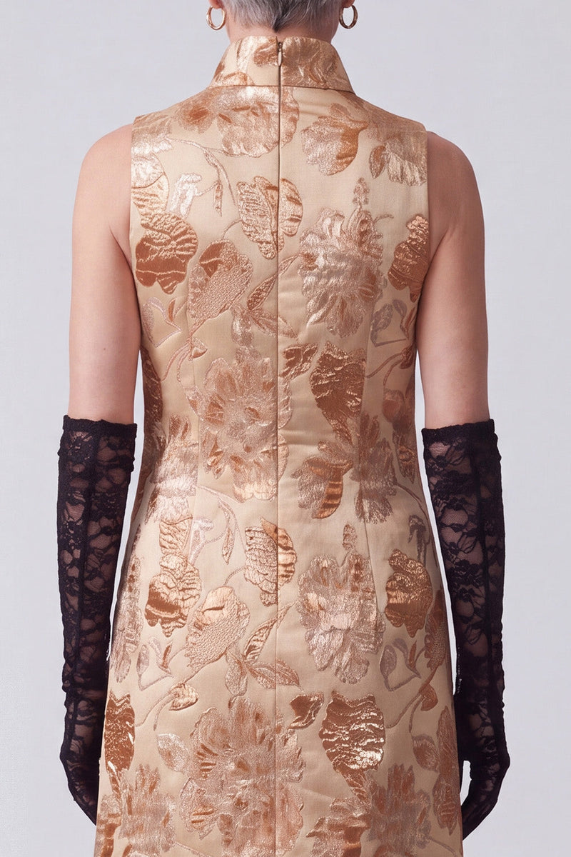 Load image into Gallery viewer, Champagne A Line Floral Jacquard High Neck Long Mother of the Bride Dress