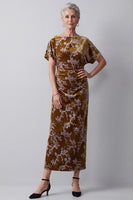 Load image into Gallery viewer, Velvet Mustard Gold Sheath Floral Ruched Midi Mother of the Bride Dress
