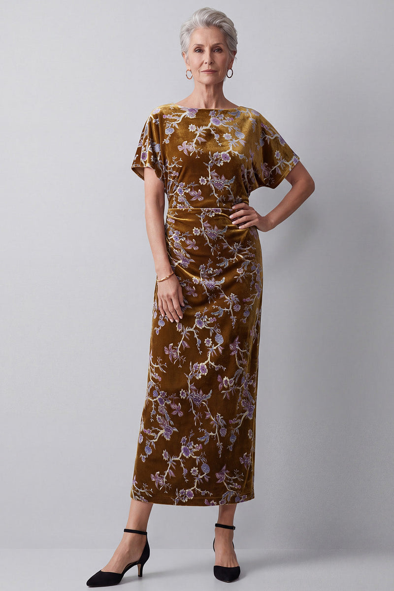Load image into Gallery viewer, Velvet Mustard Gold Sheath Floral Ruched Midi Mother of the Bride Dress