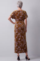 Load image into Gallery viewer, Velvet Mustard Gold Sheath Floral Ruched Midi Mother of the Bride Dress