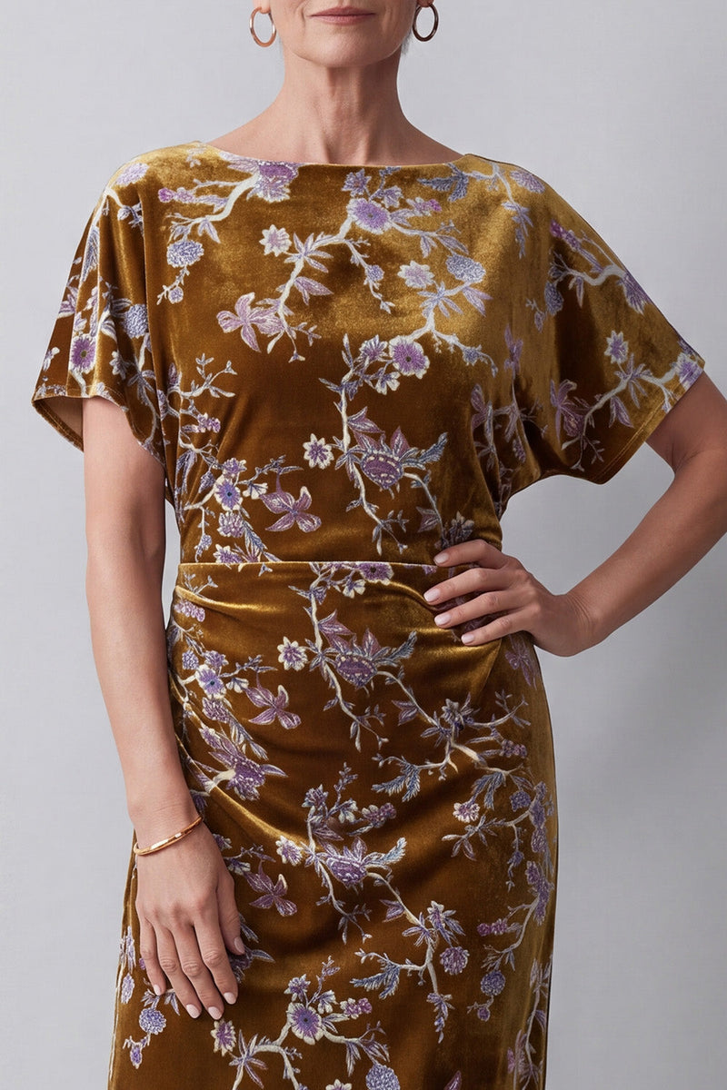 Load image into Gallery viewer, Velvet Mustard Gold Sheath Floral Ruched Midi Mother of the Bride Dress