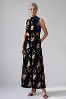 Load image into Gallery viewer, Sparkly Sequin Black A Line Velvet Floral Long Mother of the Bride Dress with Pockets
