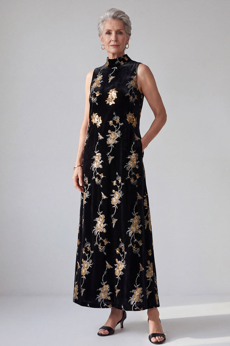 Load image into Gallery viewer, Sparkly Sequin Black A Line Velvet Floral Long Mother of the Bride Dress with Pockets