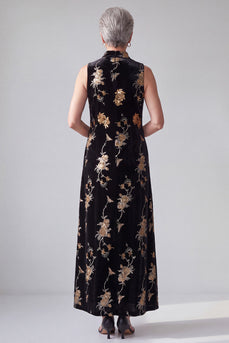 Sparkly Sequin Black A Line Velvet Floral Long Mother of the Bride Dress with Pockets