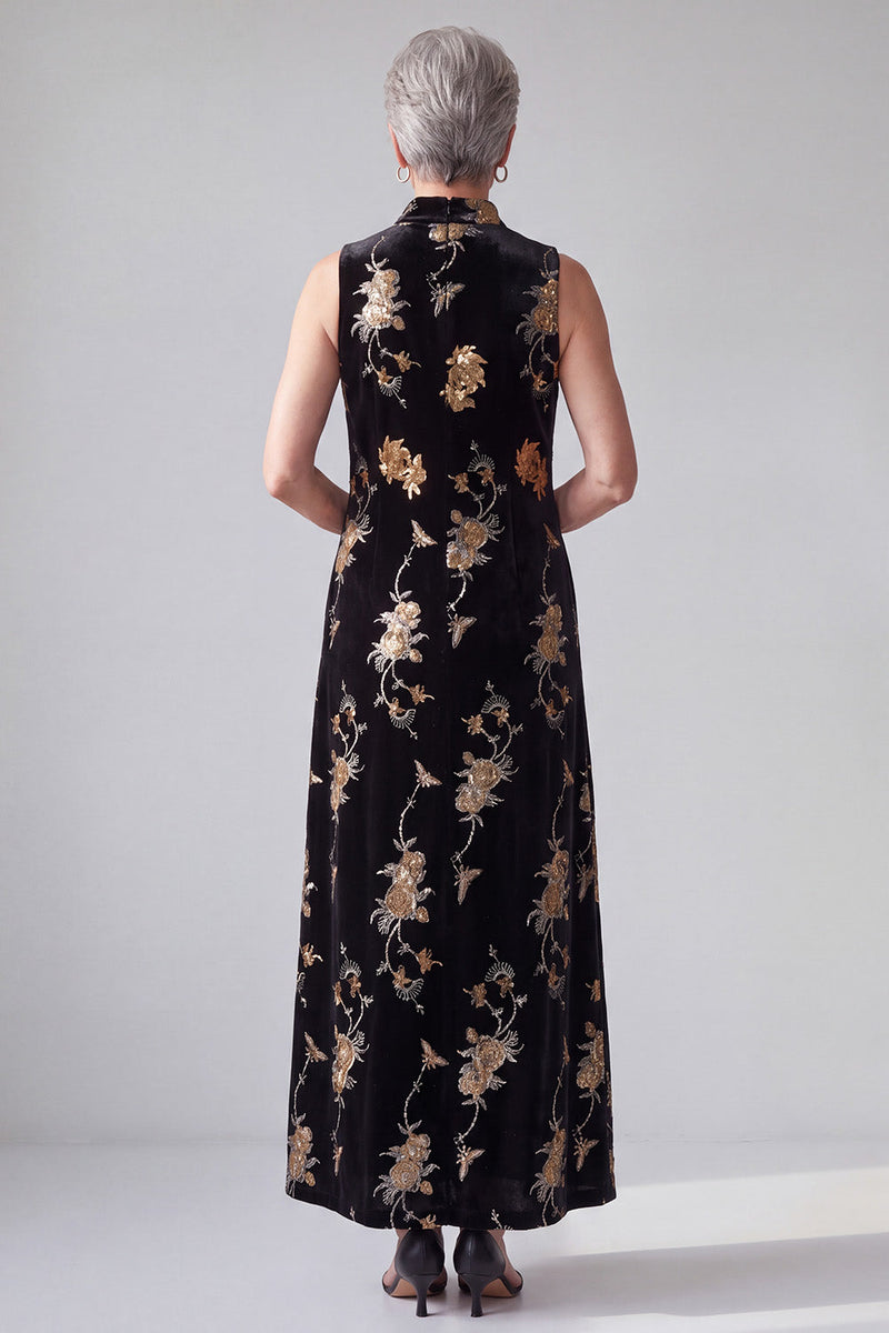 Load image into Gallery viewer, Sparkly Sequin Black A Line Velvet Floral Long Mother of the Bride Dress with Pockets