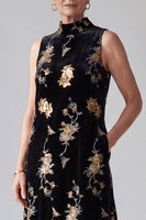 Load image into Gallery viewer, Sparkly Sequin Black A Line Velvet Floral Long Mother of the Bride Dress with Pockets