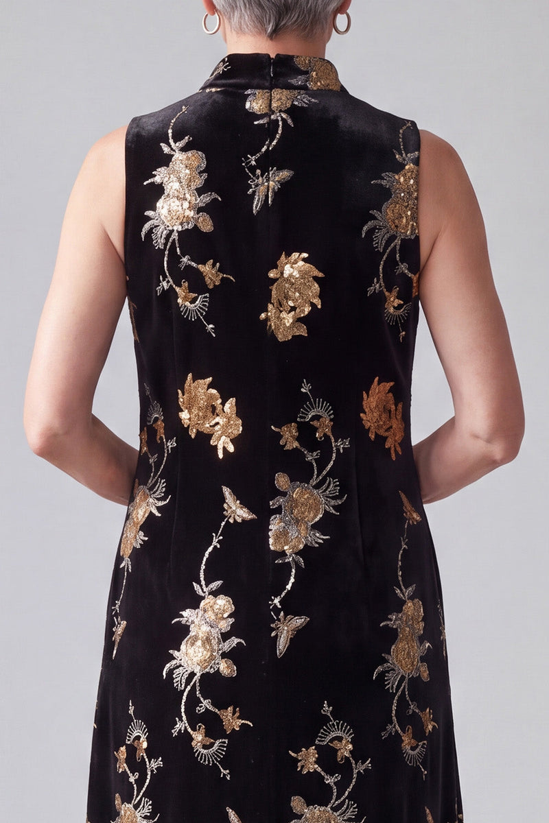 Load image into Gallery viewer, Sparkly Sequin Black A Line Velvet Floral Long Mother of the Bride Dress with Pockets