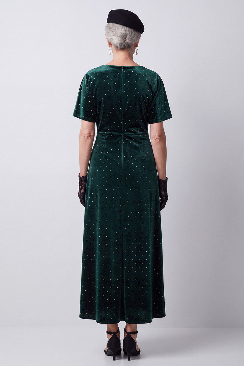 Load image into Gallery viewer, Dark Green Sheath Velvet Ruched Polka Dots Long Mother of the Bride Dress