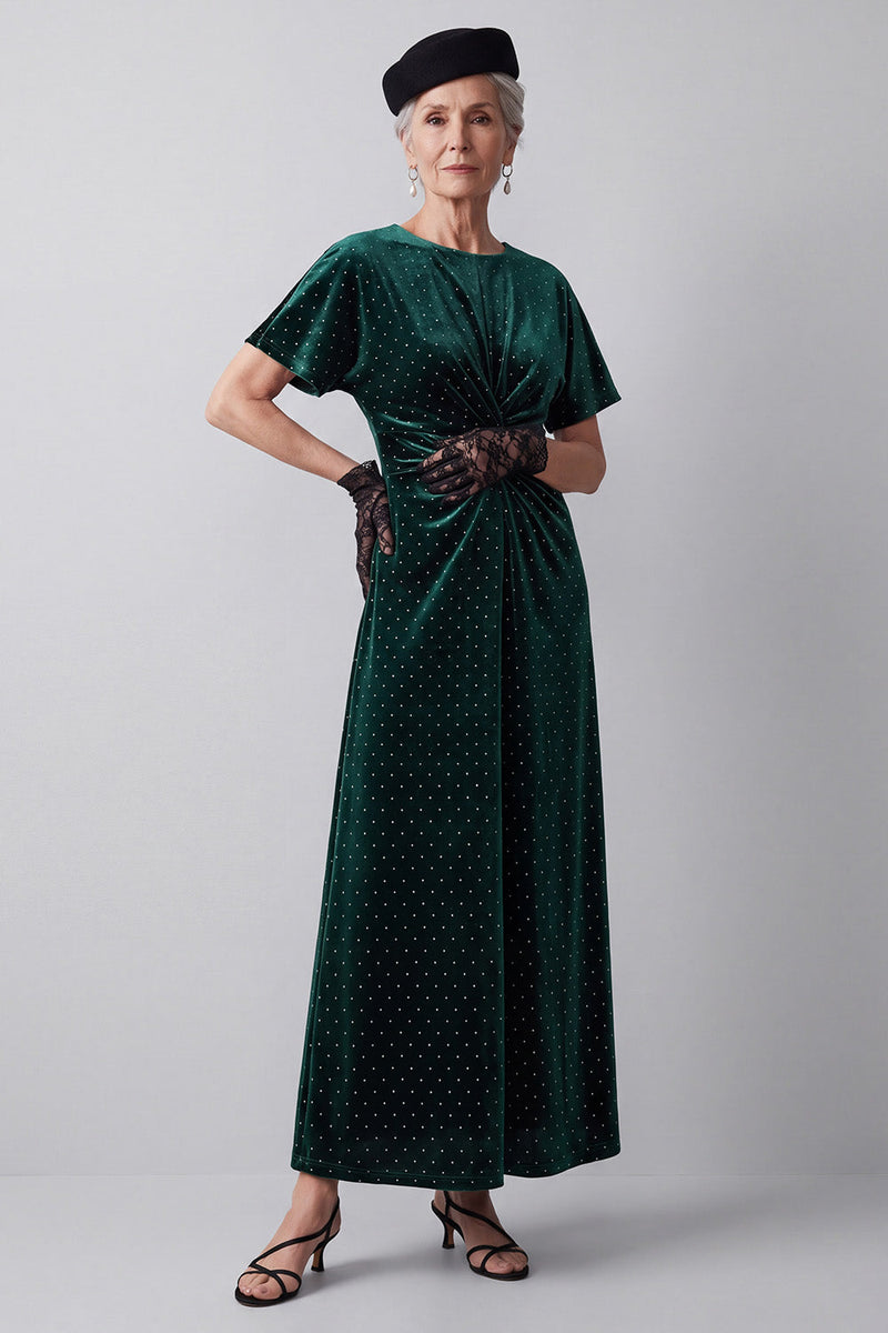Load image into Gallery viewer, Dark Green Sheath Velvet Ruched Polka Dots Long Mother of the Bride Dress