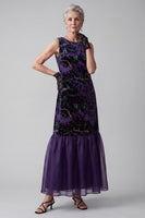 Load image into Gallery viewer, Floral Purple Sheath Velvet Boat Neck Long Mother of the Bride Dress