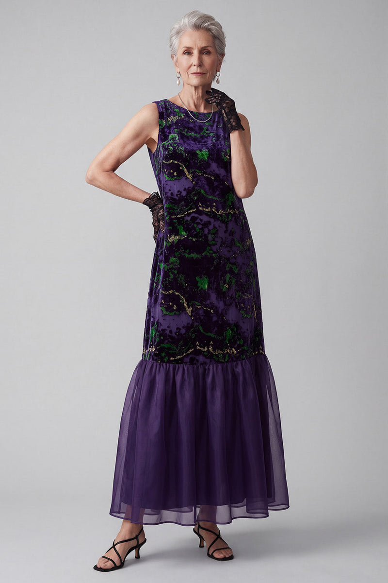 Load image into Gallery viewer, Floral Purple Sheath Velvet Boat Neck Long Mother of the Bride Dress