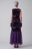 Load image into Gallery viewer, Floral Purple Sheath Velvet Boat Neck Long Mother of the Bride Dress
