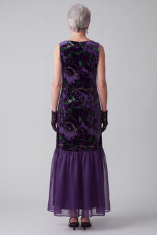 Floral Purple Sheath Velvet Boat Neck Long Mother of the Bride Dress