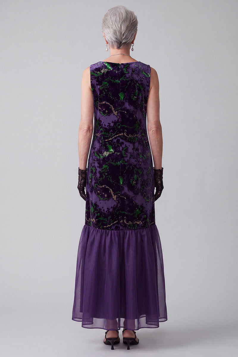 Load image into Gallery viewer, Floral Purple Sheath Velvet Boat Neck Long Mother of the Bride Dress
