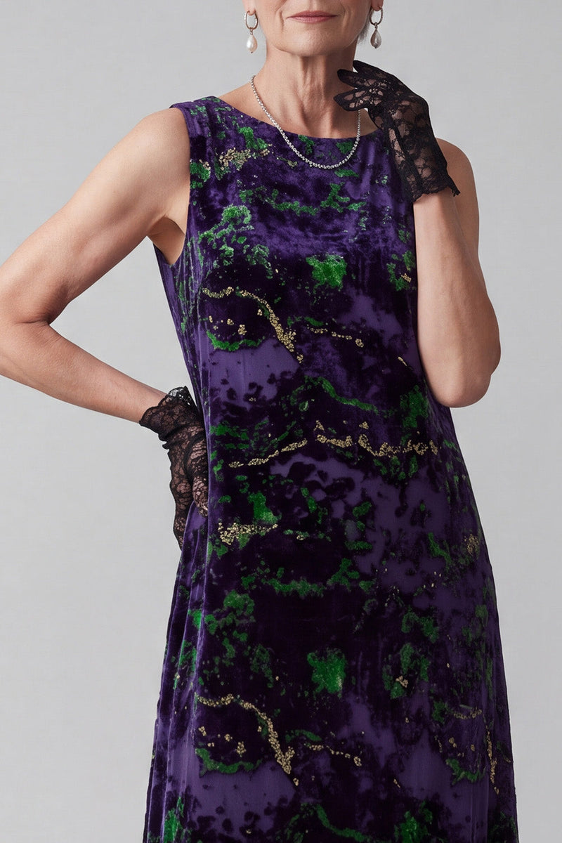 Load image into Gallery viewer, Floral Purple Sheath Velvet Boat Neck Long Mother of the Bride Dress