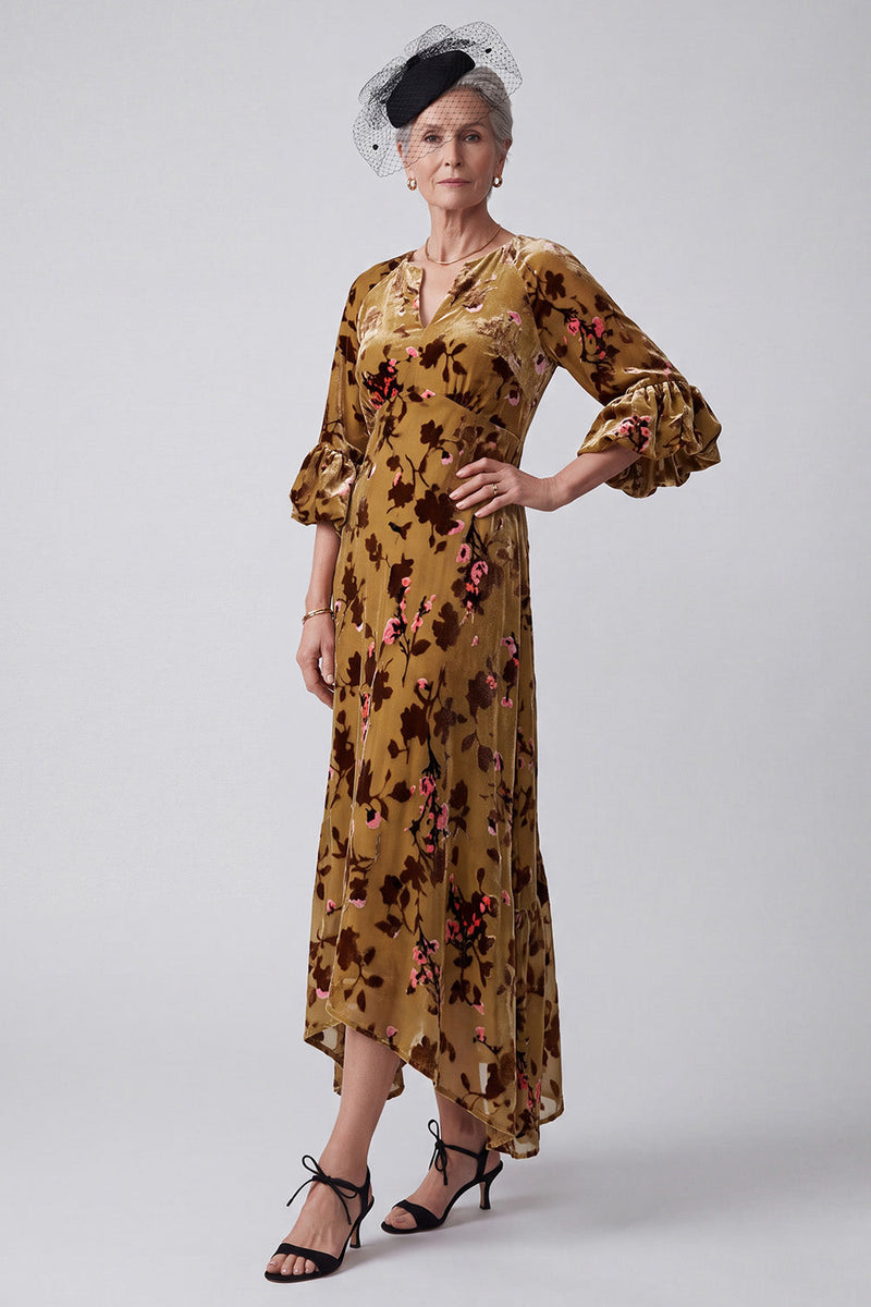 Load image into Gallery viewer, Floral Ginger Yellow Sheath Ruffled Velvet V-Neck Asymmetrical Mother of the Bride Dress