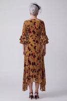 Load image into Gallery viewer, Floral Ginger Yellow Sheath Ruffled Velvet V-Neck Asymmetrical Mother of the Bride Dress
