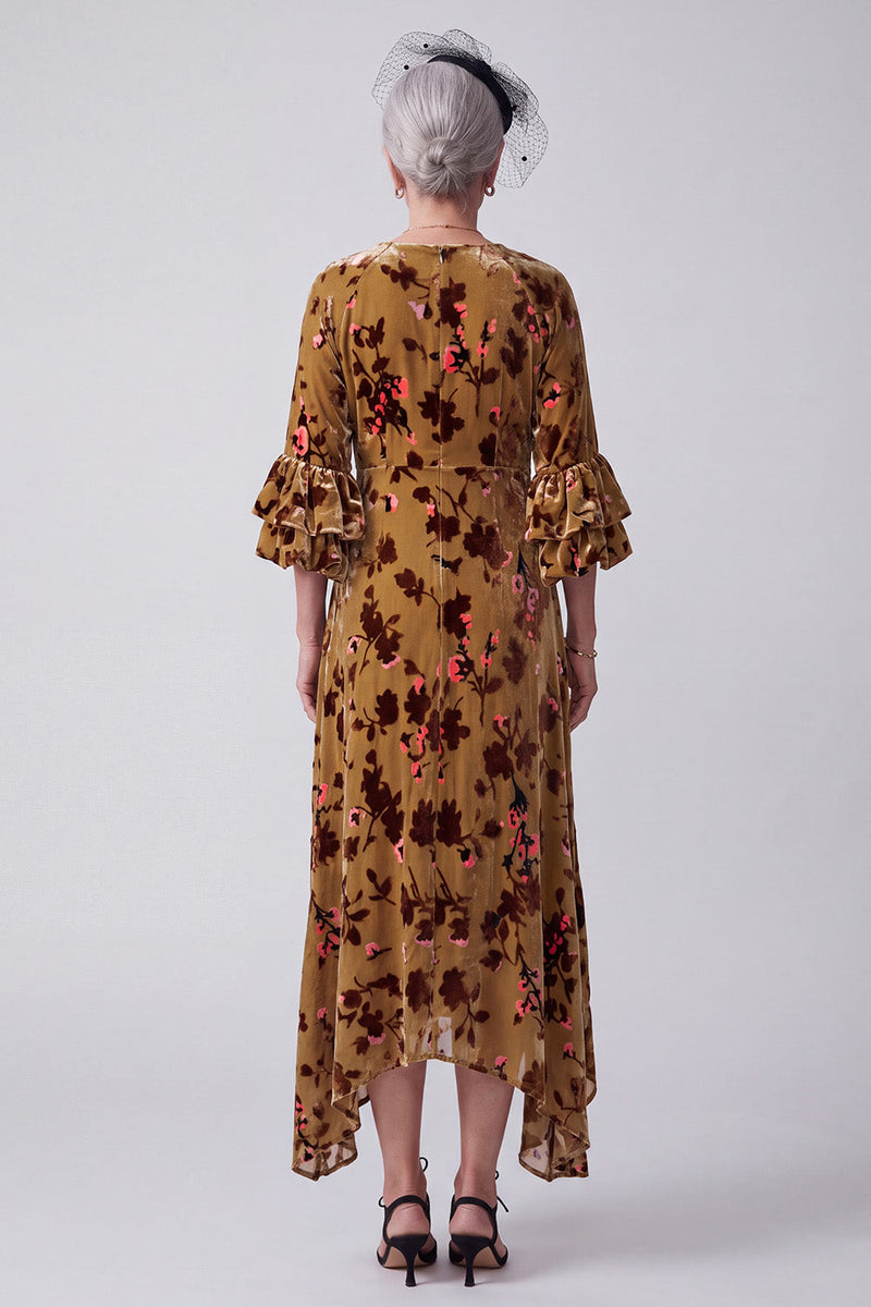 Load image into Gallery viewer, Floral Ginger Yellow Sheath Ruffled Velvet V-Neck Asymmetrical Mother of the Bride Dress