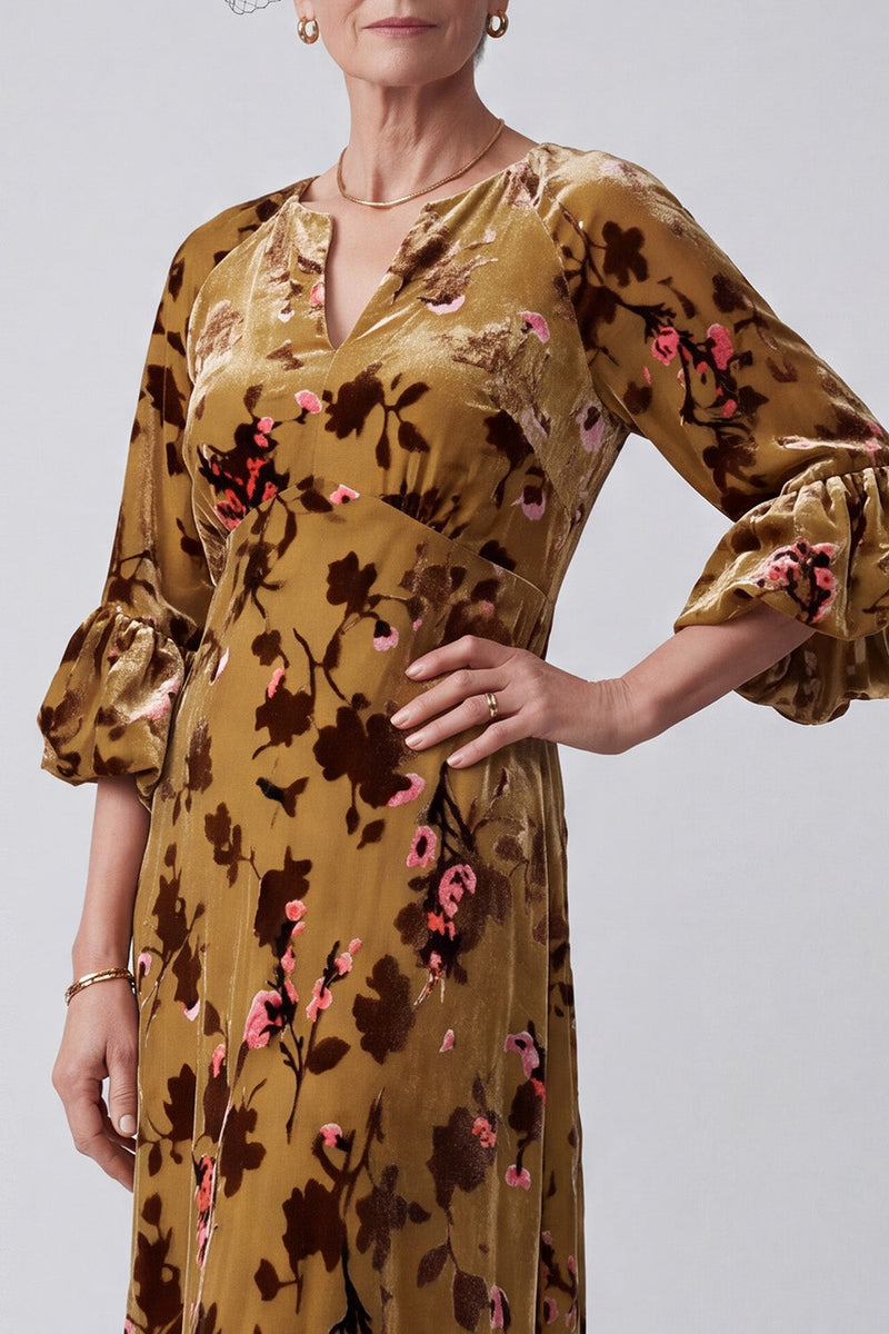 Load image into Gallery viewer, Floral Ginger Yellow Sheath Ruffled Velvet V-Neck Asymmetrical Mother of the Bride Dress