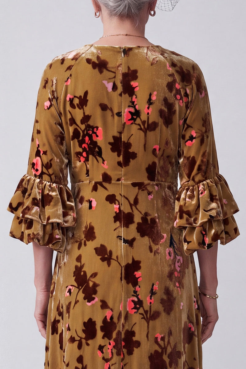 Load image into Gallery viewer, Floral Ginger Yellow Sheath Ruffled Velvet V-Neck Asymmetrical Mother of the Bride Dress