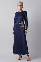 Load image into Gallery viewer, Satin Dark Blue A line Sparkly Beaded Round Neck Long Mother of the Bride Dress