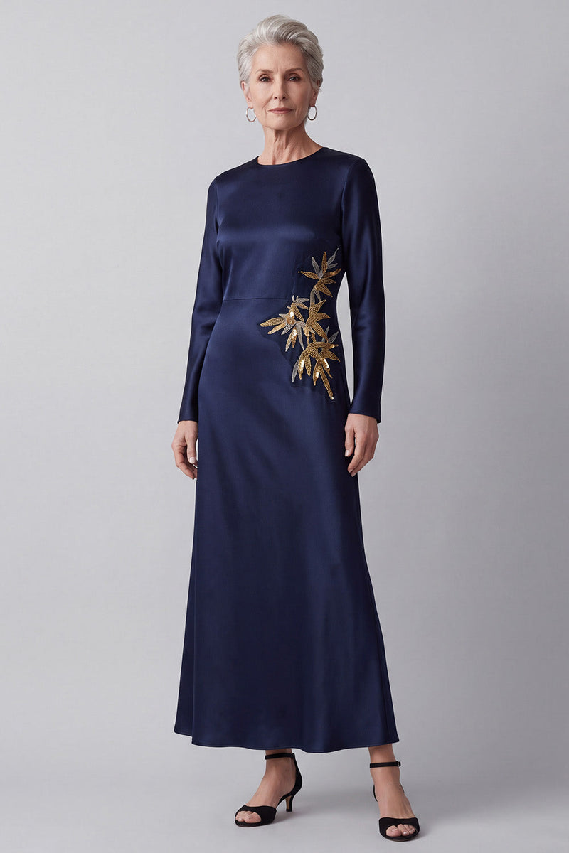 Load image into Gallery viewer, Satin Dark Blue A line Sparkly Beaded Round Neck Long Mother of the Bride Dress