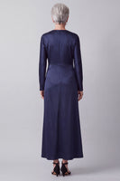 Load image into Gallery viewer, Satin Dark Blue A line Sparkly Beaded Round Neck Long Mother of the Bride Dress