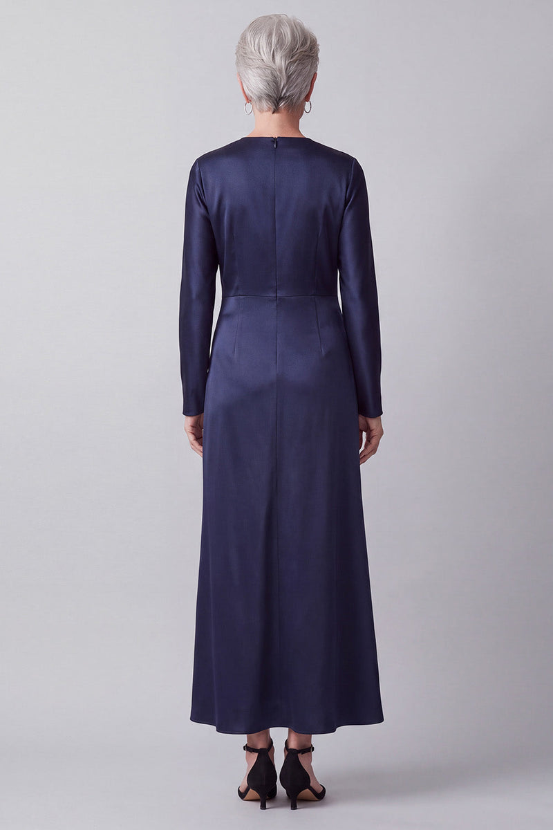 Load image into Gallery viewer, Satin Dark Blue A line Sparkly Beaded Round Neck Long Mother of the Bride Dress
