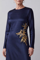 Load image into Gallery viewer, Satin Dark Blue A line Sparkly Beaded Round Neck Long Mother of the Bride Dress
