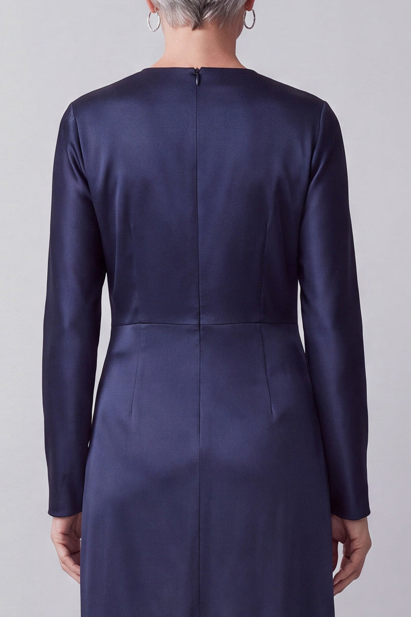 Load image into Gallery viewer, Satin Dark Blue A line Sparkly Beaded Round Neck Long Mother of the Bride Dress