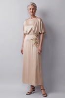 Load image into Gallery viewer, Floral Champagne A line Satin Sparkly Beaded Ruched Long Mother of the Bride Dress