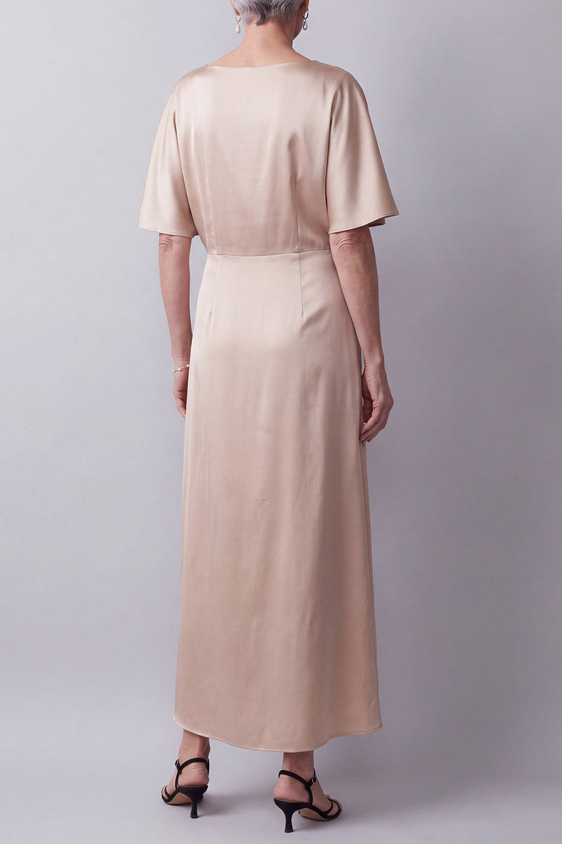 Load image into Gallery viewer, Floral Champagne A line Satin Sparkly Beaded Ruched Long Mother of the Bride Dress