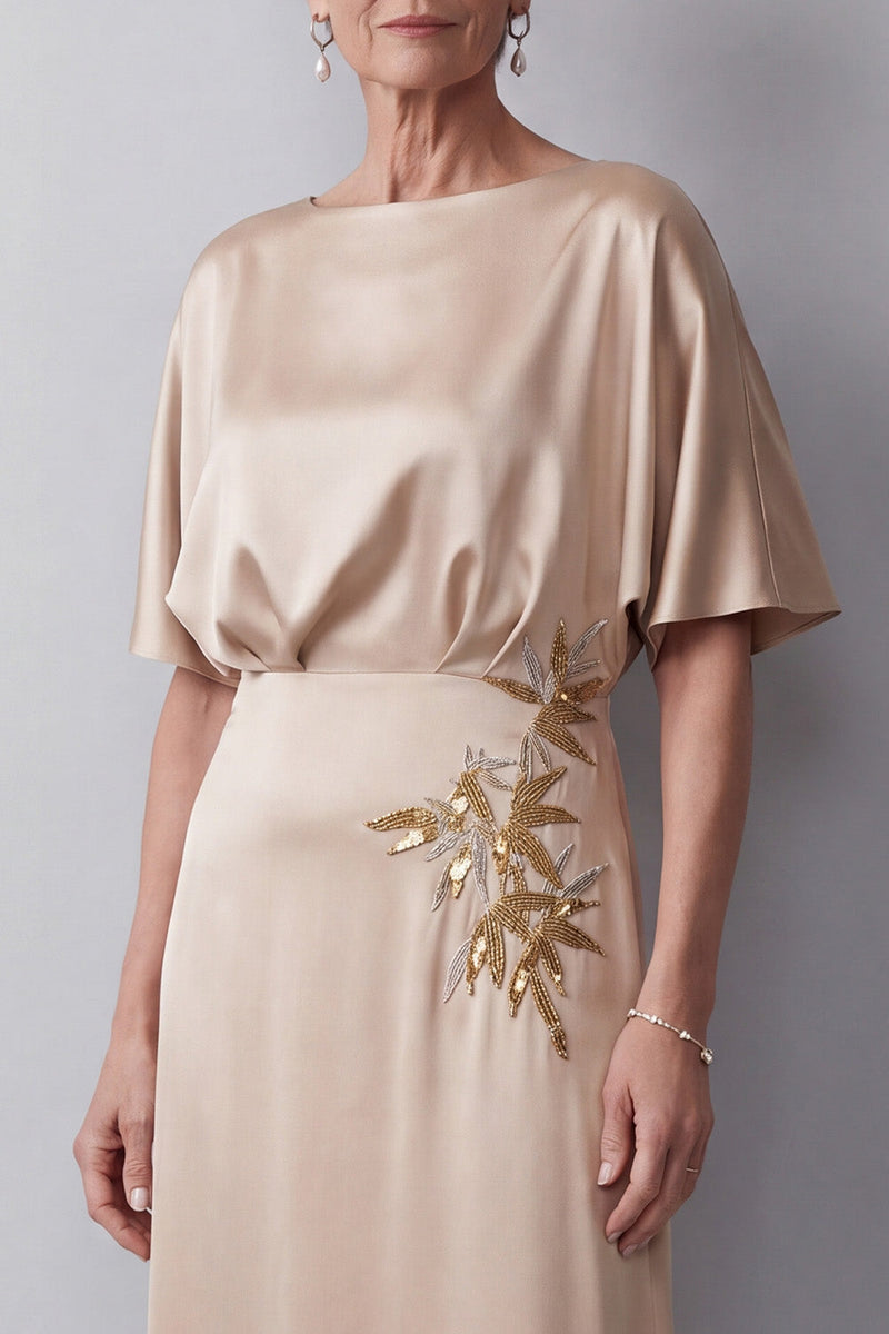 Load image into Gallery viewer, Floral Champagne A line Satin Sparkly Beaded Ruched Long Mother of the Bride Dress