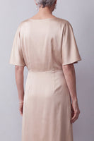 Load image into Gallery viewer, Floral Champagne A line Satin Sparkly Beaded Ruched Long Mother of the Bride Dress