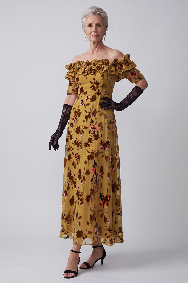 Load image into Gallery viewer, A Line Ginger Yellow Ruffled Floral Velvet Off the Shoulder Long Mother of the Bride Dress