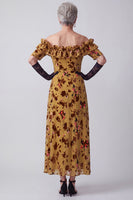 Load image into Gallery viewer, A Line Ginger Yellow Ruffled Floral Velvet Off the Shoulder Long Mother of the Bride Dress