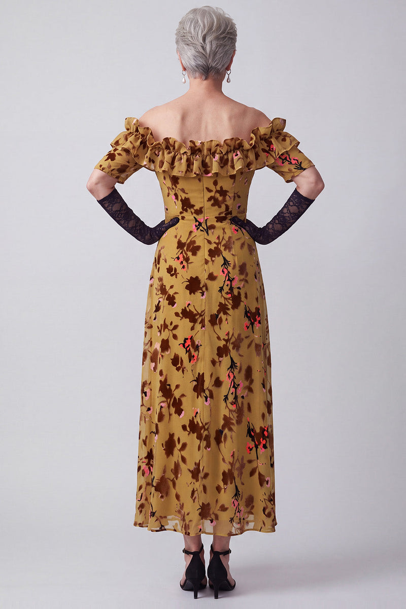 Load image into Gallery viewer, A Line Ginger Yellow Ruffled Floral Velvet Off the Shoulder Long Mother of the Bride Dress