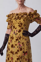 Load image into Gallery viewer, A Line Ginger Yellow Ruffled Floral Velvet Off the Shoulder Long Mother of the Bride Dress