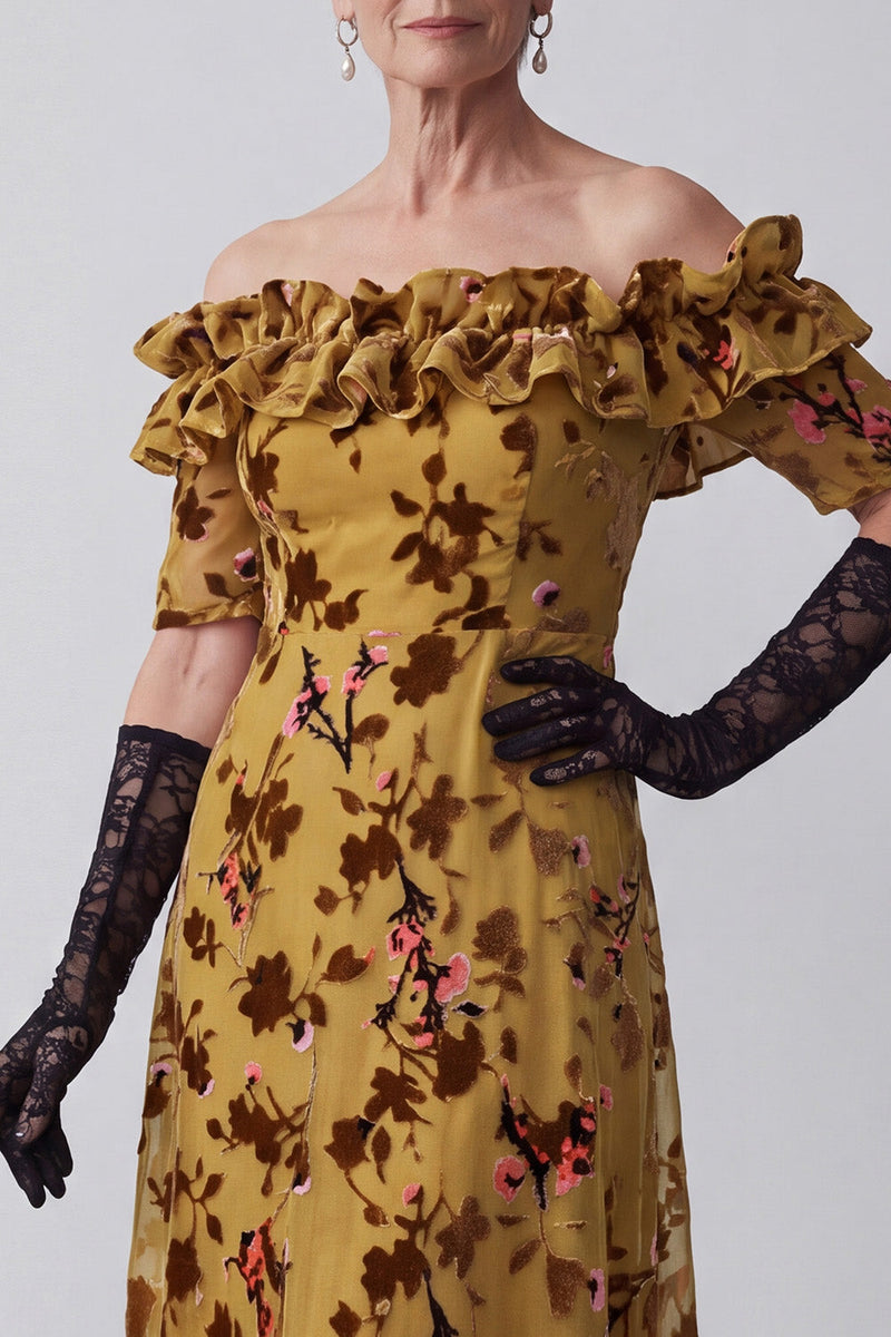 Load image into Gallery viewer, A Line Ginger Yellow Ruffled Floral Velvet Off the Shoulder Long Mother of the Bride Dress