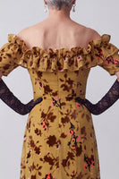 Load image into Gallery viewer, A Line Ginger Yellow Ruffled Floral Velvet Off the Shoulder Long Mother of the Bride Dress