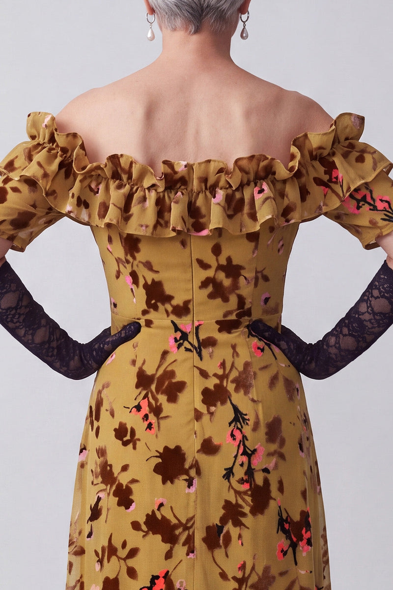 Load image into Gallery viewer, A Line Ginger Yellow Ruffled Floral Velvet Off the Shoulder Long Mother of the Bride Dress
