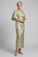 Load image into Gallery viewer, Jacquard Light Green Floral Sheath Flutter Sleeves Long Mother of the Bride Dress with Slit