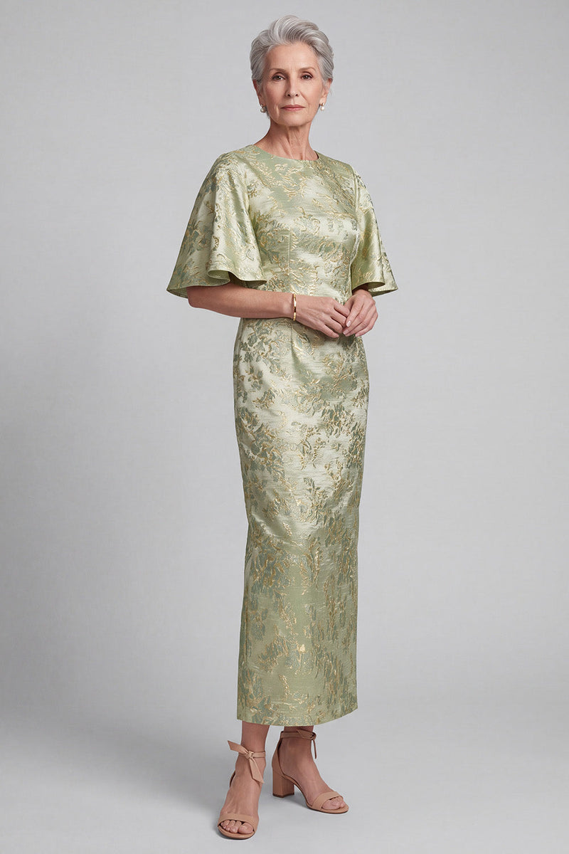 Load image into Gallery viewer, Jacquard Light Green Floral Sheath Flutter Sleeves Long Mother of the Bride Dress with Slit