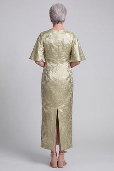 Jacquard Light Green Floral Sheath Flutter Sleeves Long Mother of the Bride Dress with Slit