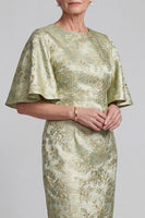 Load image into Gallery viewer, Jacquard Light Green Floral Sheath Flutter Sleeves Long Mother of the Bride Dress with Slit