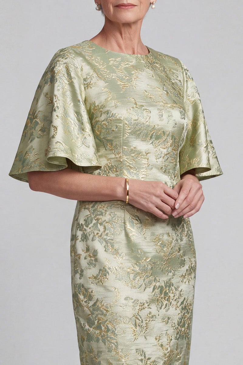 Load image into Gallery viewer, Jacquard Light Green Floral Sheath Flutter Sleeves Long Mother of the Bride Dress with Slit